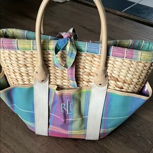 Ralph Lauren Cream and Blue Tote Bag with Woven Design. EUC! No rips or tears